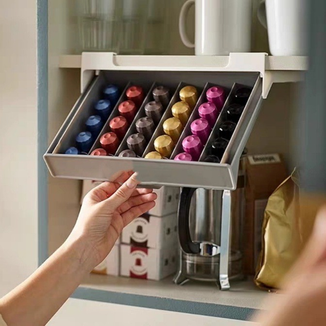 Coffee Tea Organizer - コーヒーカプセルホルダー カプセルコーヒー ティーバッグ収納ラック 引き出し整理ボックス 穴あけ不要 省スペース収納ボックス