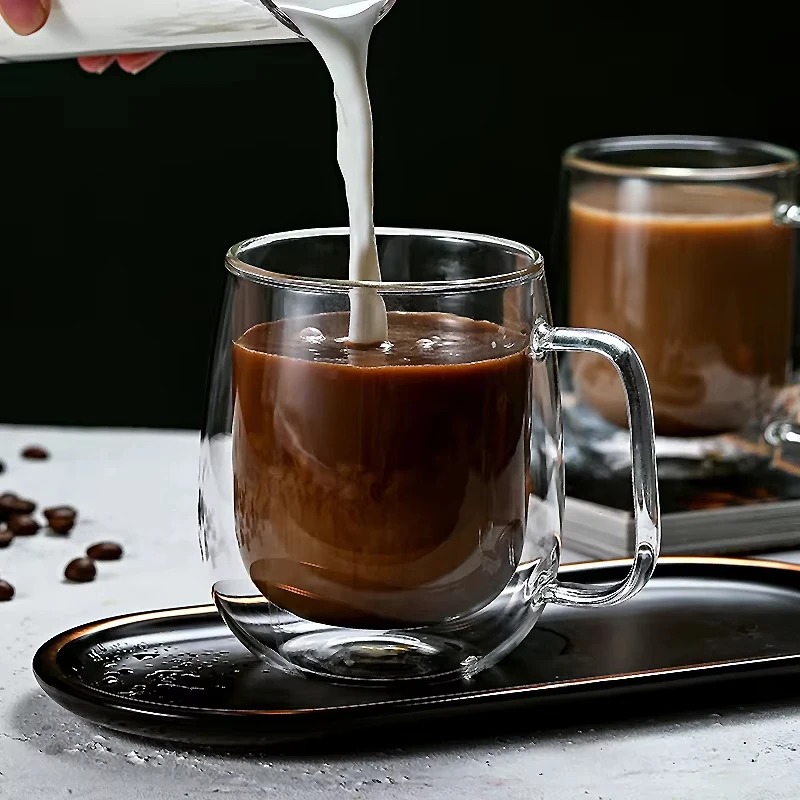 Double Wall Mug - 二重壁ガラス製ハンドル付きマグカップ、耐熱性ドリンクカップ、コーヒー、牛乳、ラテ、家庭用、日常飲料用
