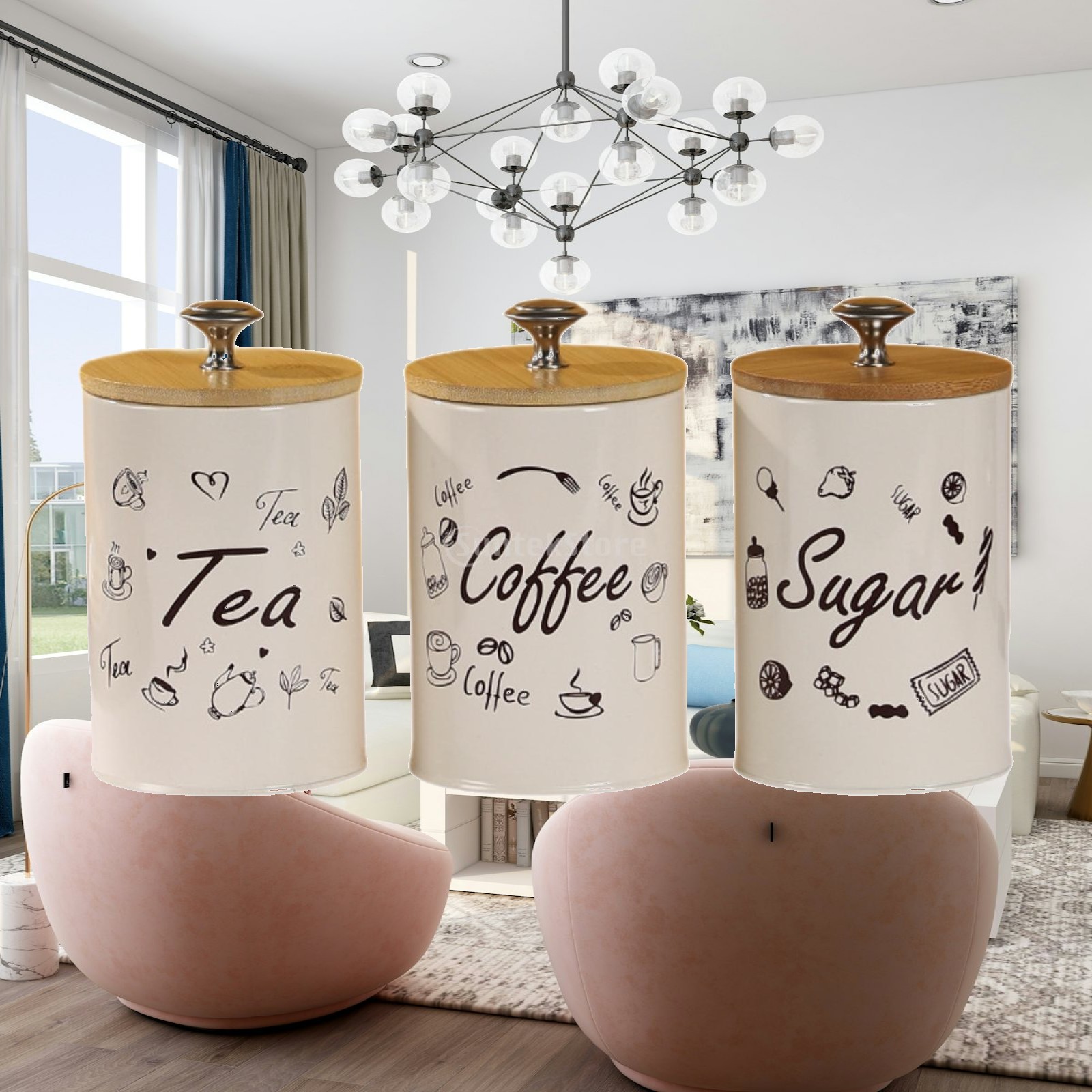 Coffee Tea And Sugar Canister Set - 農家風コーヒー・紅茶・砂糖キャニスターセット キッチン装飾 鉄製竹製保存容器 蓋付き おしゃれな家庭用