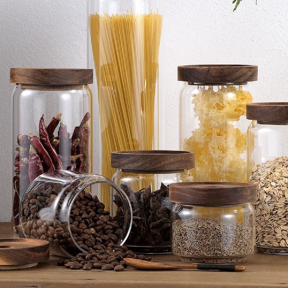Coffee Tea And Sugar Canister Set - 多用途木製蓋付きガラス食品保存瓶 コーヒー豆用透明密閉容器 厚みのある丸型茶葉保存容器 砂糖入れ