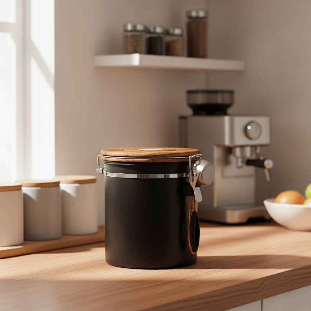 Coffee Tea And Leaf - 304ステンレス製コーヒー豆保存容器 密閉型 スプーン付き 茶葉キャニスター 木目調蓋 防湿
