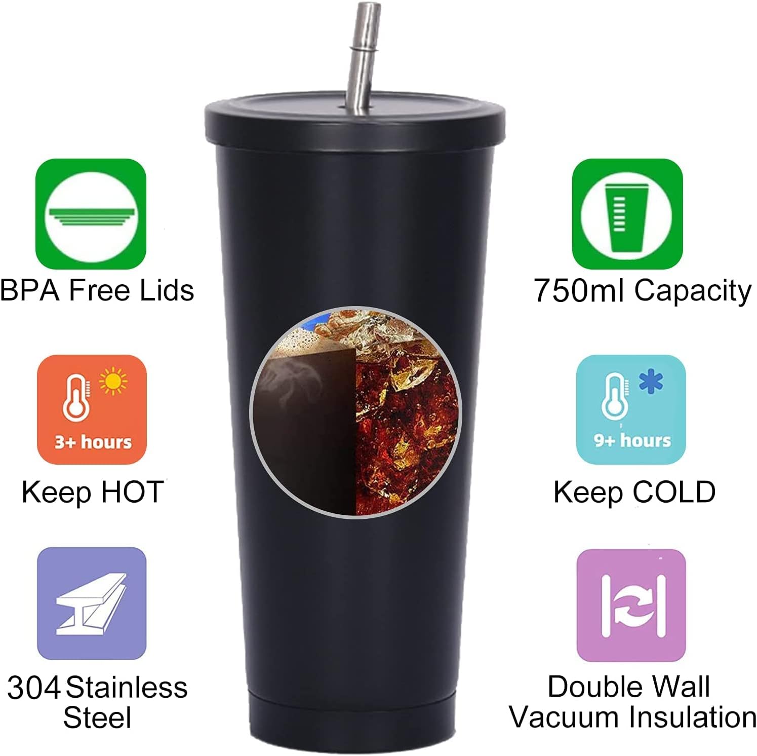 Double Wall Mug - 750ml二重壁断熱タンブラー、ストロー付き、再利用可能なステンレス製コーヒーカップ、蓋付き、お茶や冷たい飲み物用、ドリンクマグ