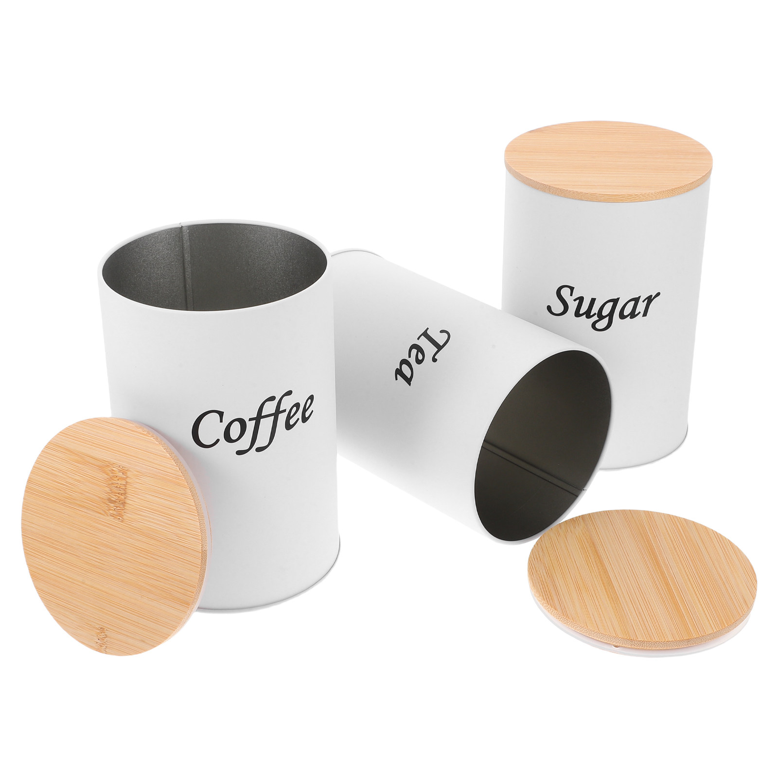Coffee Tea And Bean - 3個セット 密閉丸型キャニスター 亜鉛メッキ鉄製 竹製蓋付き コーヒー、紅茶、砂糖、小麦粉、米、豆類用 スタイリッシュなキッチン収納