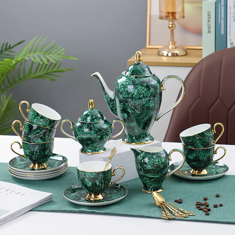 Coffee Tea Sugar - 骨灰磁器ティーポット,金と緑の象眼細工,コーヒーカップ,セラミックボウル,コーヒーティー,水入れ