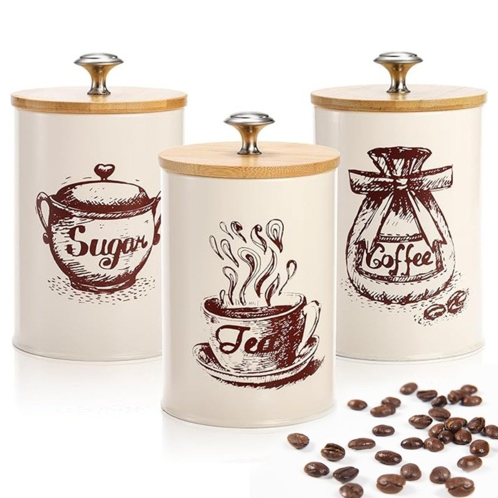Coffee Tea And Sugar Canister Set - 3個入り金属製コーヒーキャニスターセット 大容量 蓋付き 茶葉容器 ホワイト ピンク