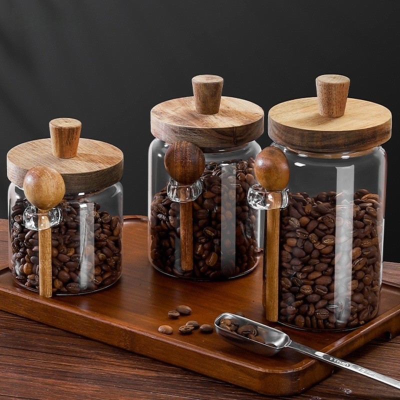 Coffee Tea And Sugar Canister Set - ABJIガラスジャー 木製蓋とスプーン付き 13オンス、20オンス、30オンス コーヒー、紅茶、砂糖用キャニスター 3個セット 透明ガラス保存容器