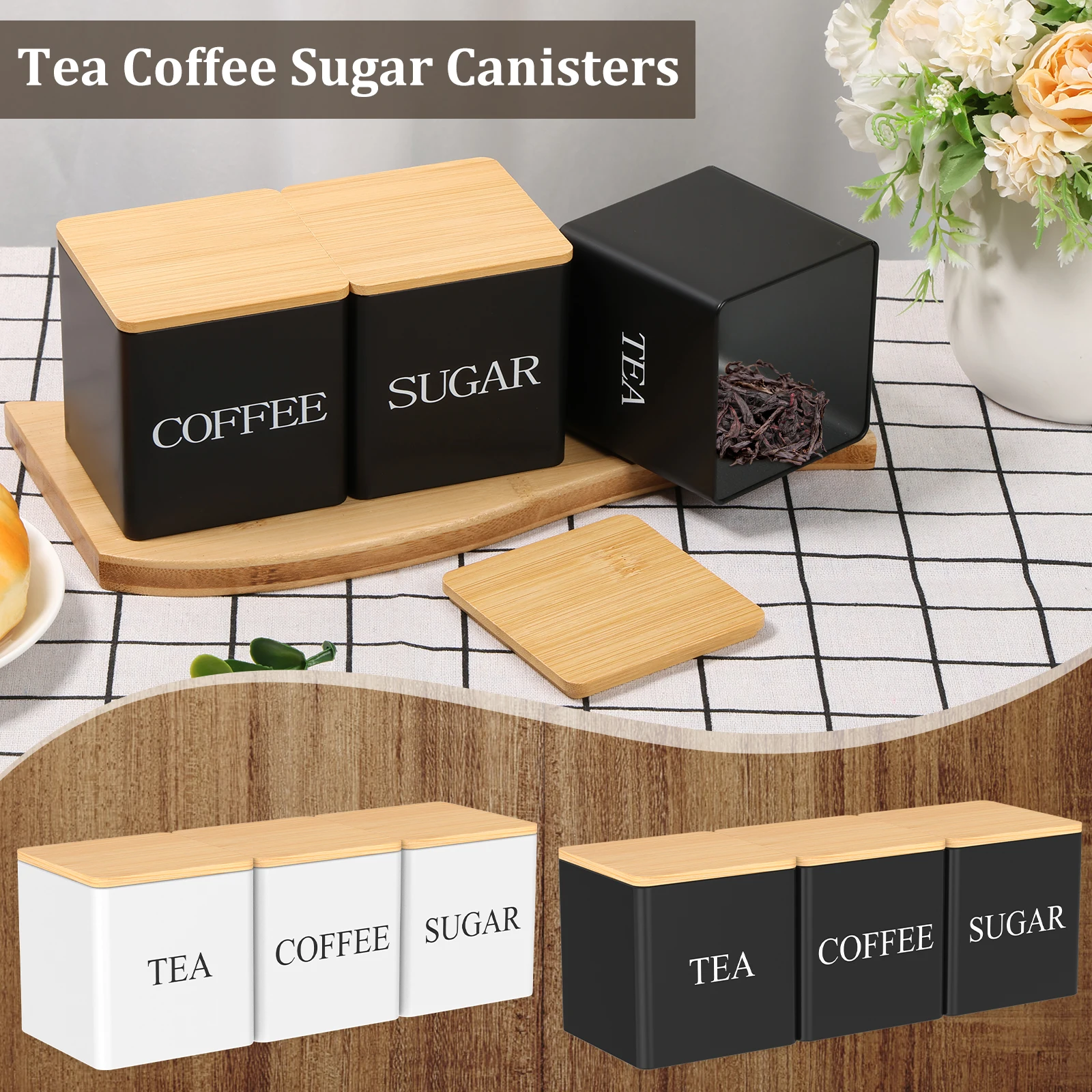 Coffee Tea And Sugar Canister Set - 3個セット 500ml 茶葉・砂糖・コーヒー用キャニスター 密閉式茶葉・砂糖・コーヒー保存瓶 竹製蓋付き 大容量コーヒー容器