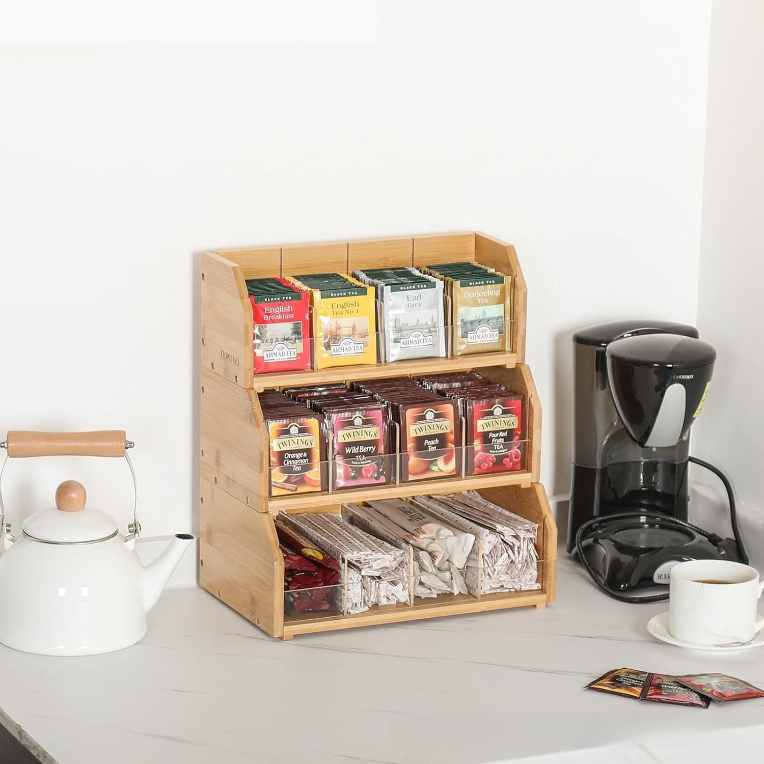 Coffee Tea Organizer - 竹製ティーバッグ収納ボックス三層コーヒーバッグディスプレイラックコーヒーステーションティールームカプセルコーヒー収納ボックスオーガナイザー