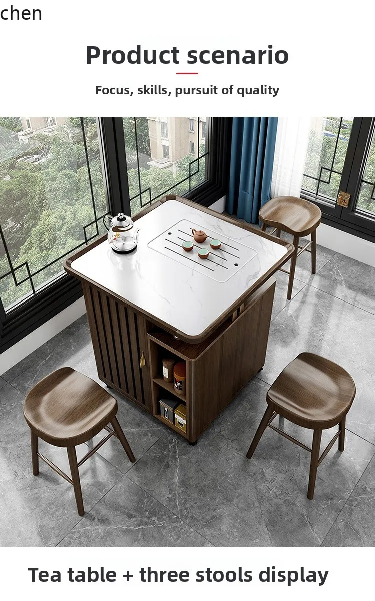 Tea & Coffee Quận 1 - i5.15 バルコニーティーテーブルと椅子セット（車輪付き、石板と無垢材使用）、小さな家に最適、禅スタイルティーカート