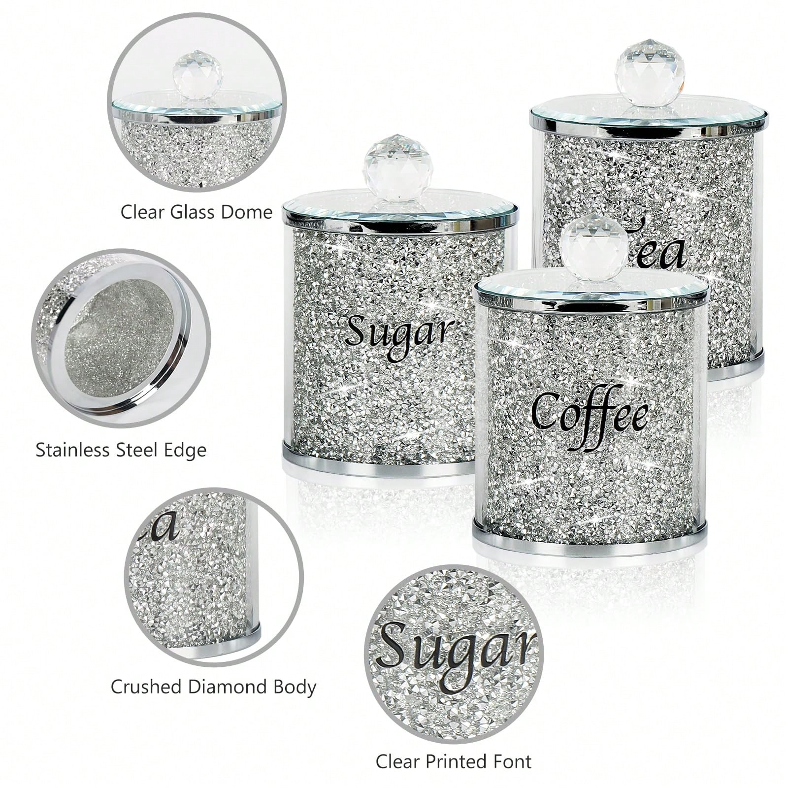 Coffee Tea And Sugar Canister Set - コーヒー、砂糖、紅茶用キャニスターセット、キラキラ輝くクラッシュダイヤモンドキッチン収納容器セット、4個のシルバーガラスジャー（蓋付き）、鏡面トレイ付き、キッチンカウンター、コーヒーバー、ダイニングルーム、家の装飾、新築祝いギフト