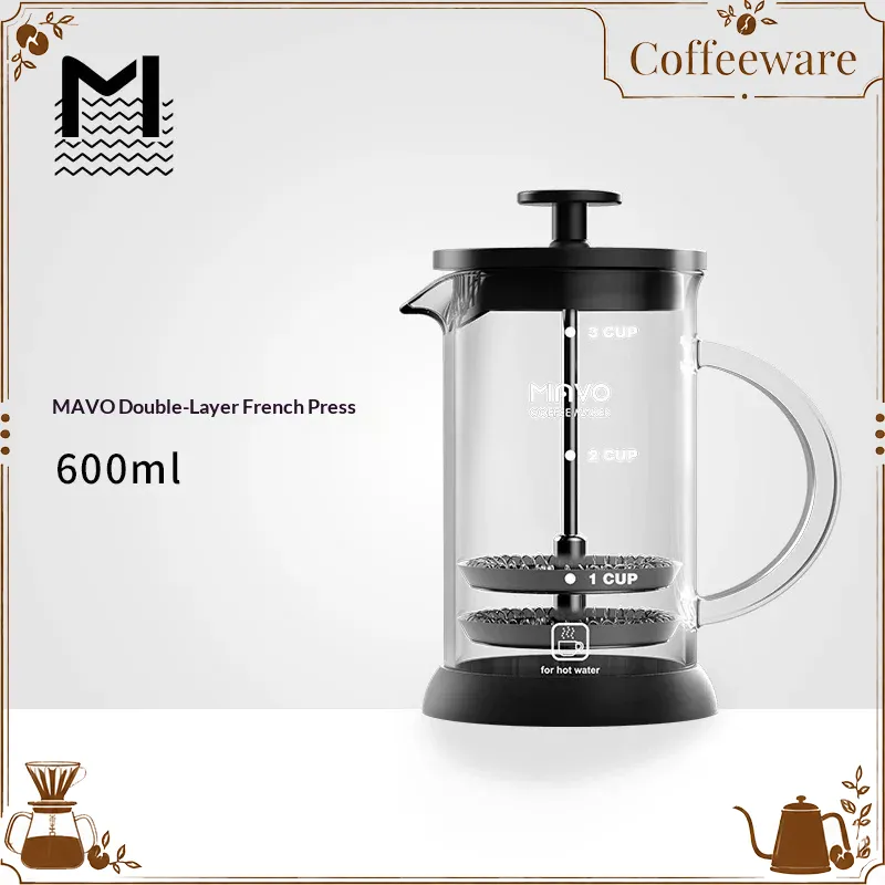 Coffee Tea Home - MAVO フレンチプレスコーヒーメーカー ダブルメッシュフィルター 2カップ ポータブルガラスフィルターポット 家庭用コーヒー紅茶醸造