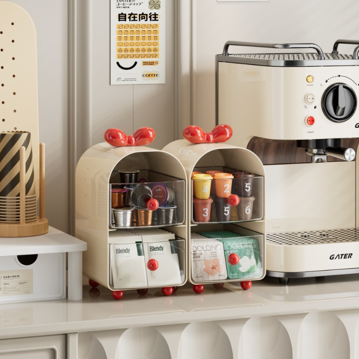 Coffee Tea Organizer - クリーミーカラーコーヒーカプセルオーガナイザー、2段引き出し式収納ボックス（ティーバッグ、Kカップ、デスクアクセサリー用）