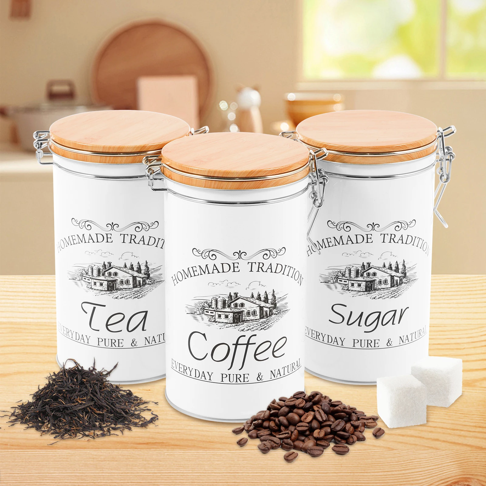 Coffee Tea And Sugar Canister Set - 3 ピース/セット茶コーヒー砂糖キャニスター金属コーヒー豆保存瓶多用途茶コーヒー砂糖容器キッチン食品用品