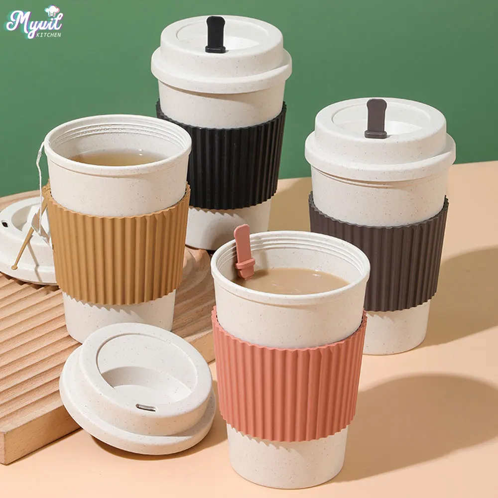 Coffee Tea Exchange - 450 ミリリットルコーヒーカップ蓋付き小麦ストロー再利用可能なポータブルコーヒーカップ食器洗い機対応コーヒーマグコーヒーティートラベルカップ