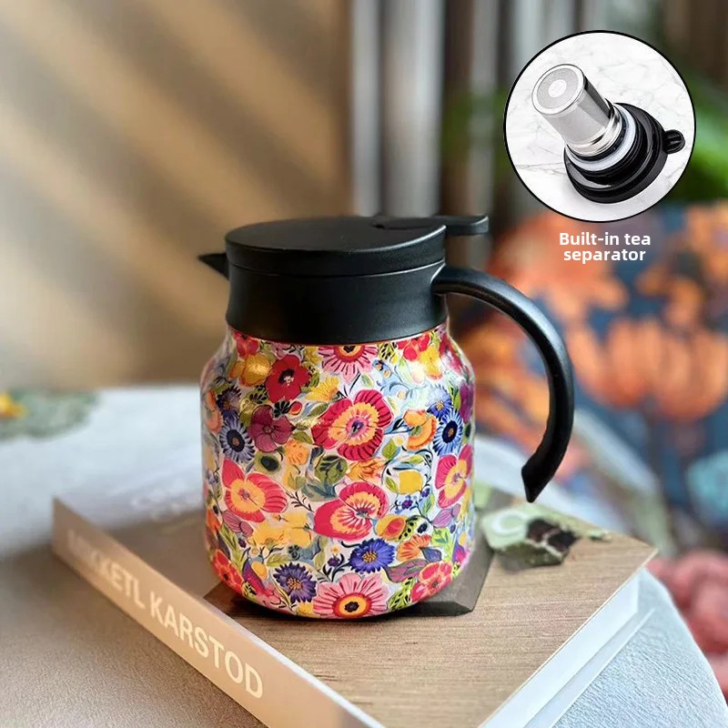 Coffee Tea Infuser - 316ステンレス製サーマルカラフェ 800ml コーヒーポット 花柄塗装 ティーインフューザー付き 保温機能付き
