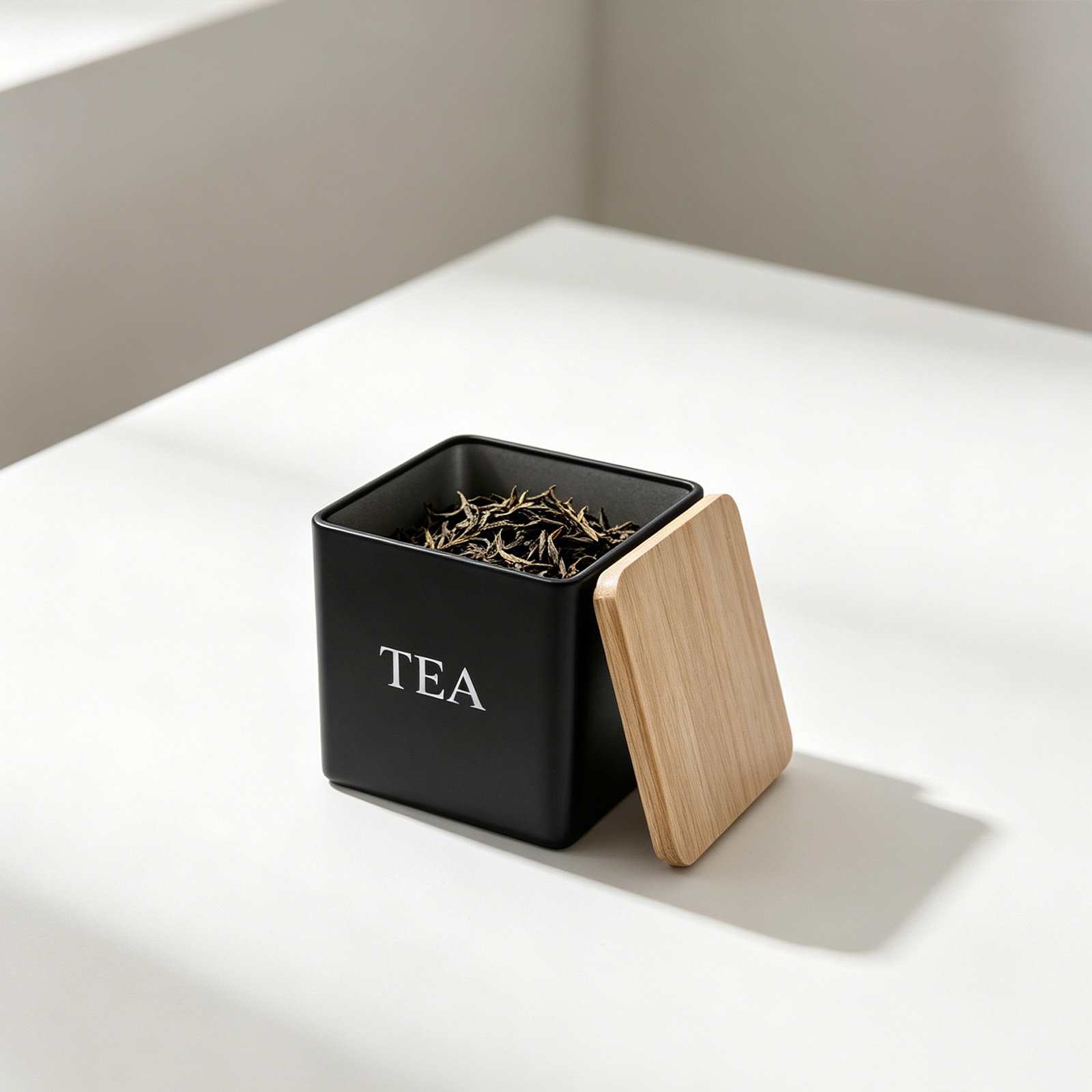 Coffee Tea And Sugar Canister Set - 3個入り金属製茶葉・コーヒー・砂糖キャニスターセット、竹製蓋付き600ml角型キッチン収納容器、カウンター用、ラベル付き、気密