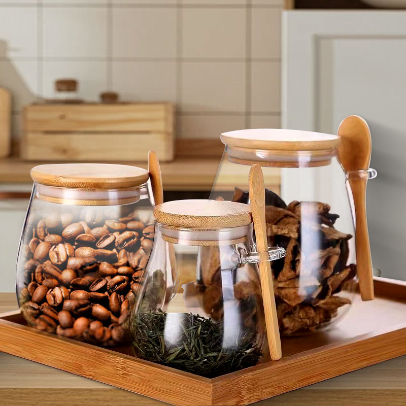 スプーンと蓋付きのガラスジャー、透明なスパイスジャー、小さな - Coffee Tea And Sugar Canister Set のレビューと価格