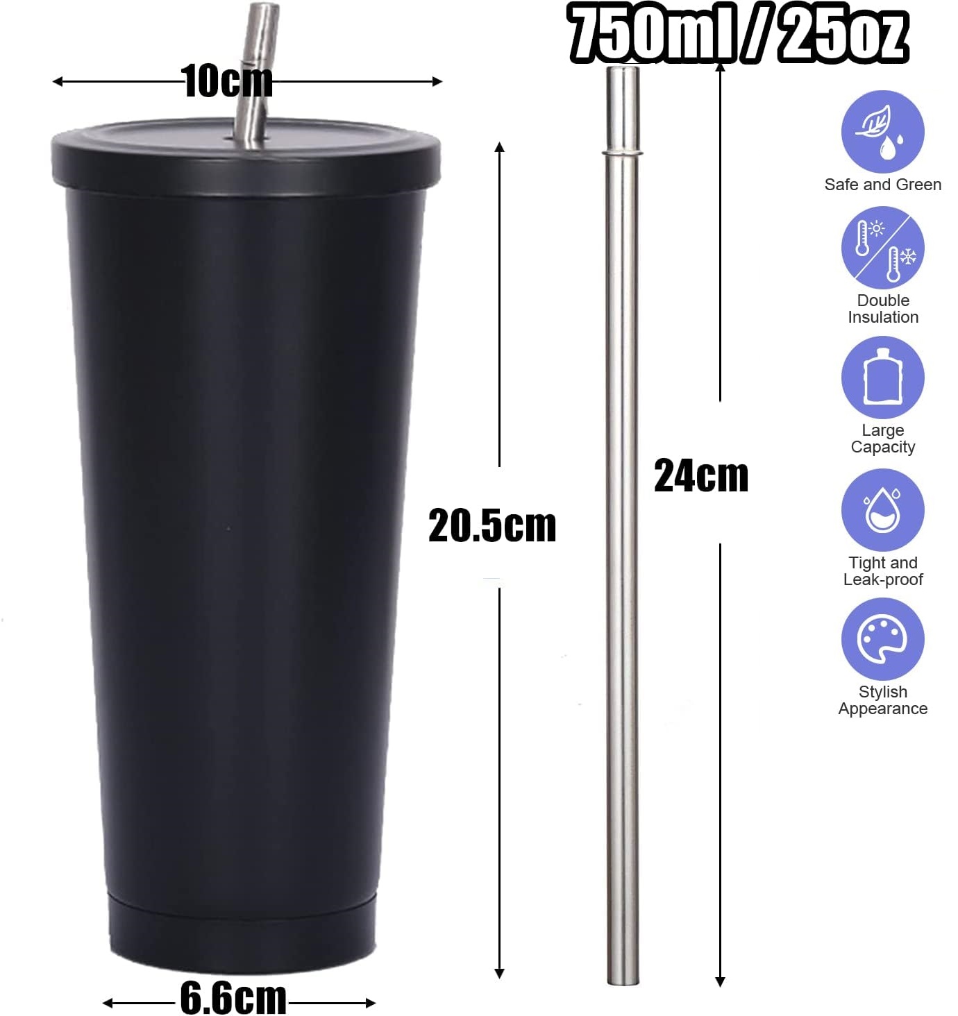 750ml二重壁断熱タンブラー、ストロー付き、再利用可能なス - Double Wall Mug のレビューと価格