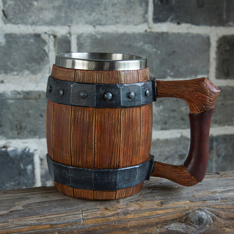 バイキングレトロビールマグ樹脂304ステンレス鋼模造木製コー - Double Wall Mug のレビューと価格