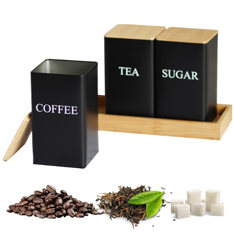 3個セット 茶葉・コーヒー・砂糖用キャニスターセット トレイ - Coffee Tea And Sugar Canister Set のレビューと価格