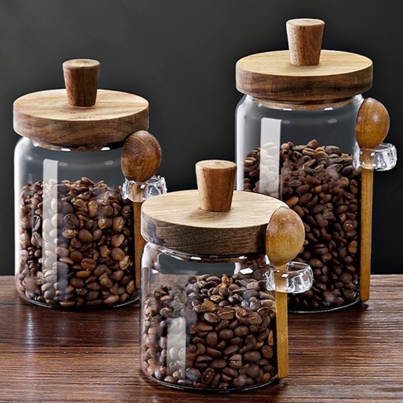 ABJIガラスジャー 木製蓋とスプーン付き 13オンス、20 - Coffee Tea And Sugar Canister Set のレビューと価格