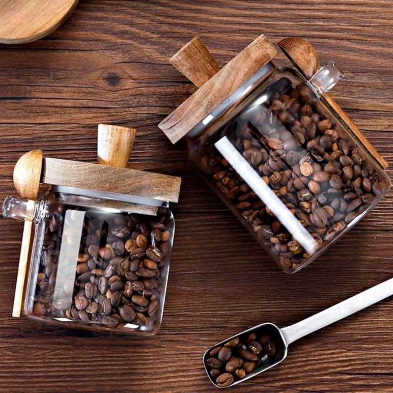 ABJIガラスジャー 木製蓋とスプーン付き 13オンス、20 - Coffee Tea And Sugar Canister Set のレビューと価格