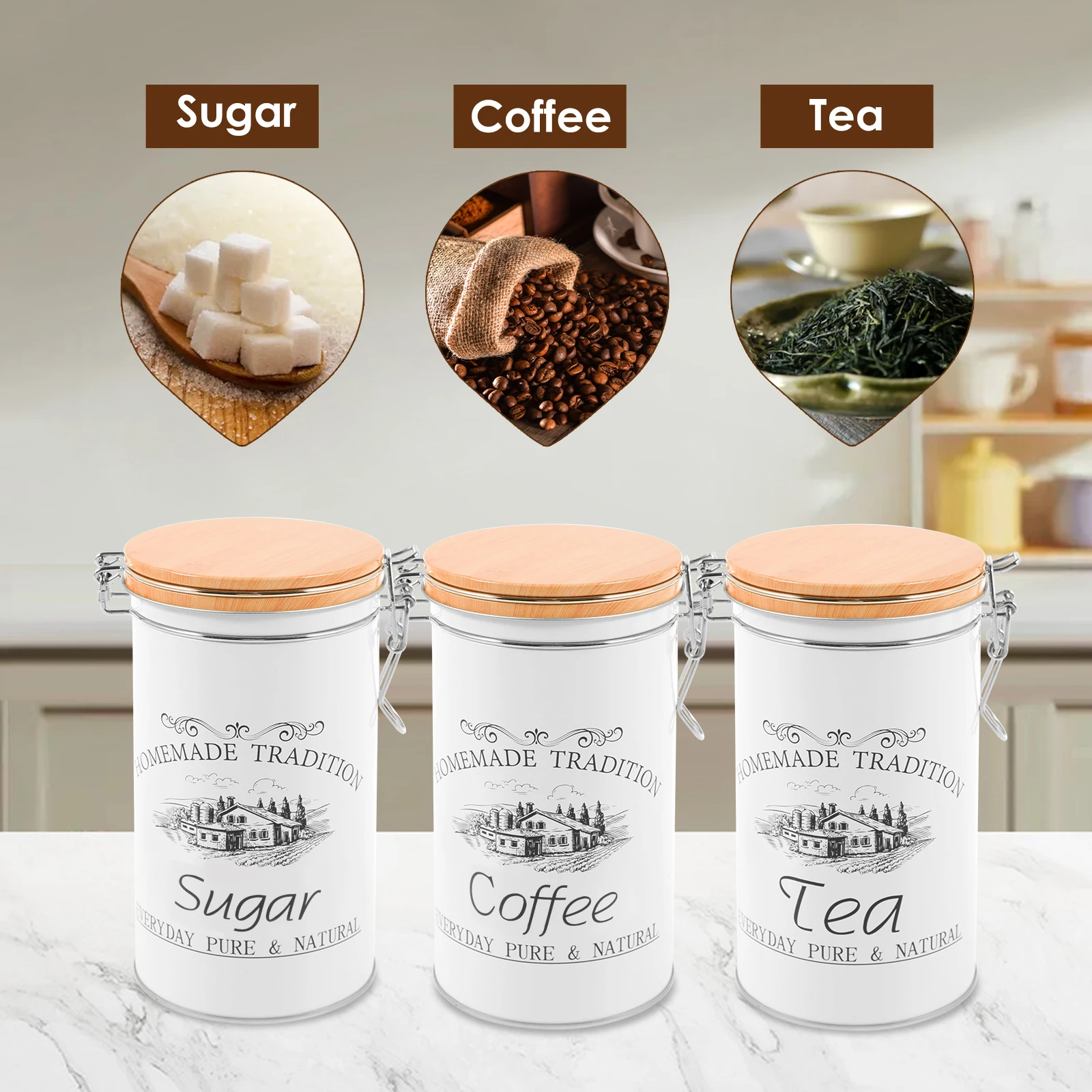 3個セット 茶葉・コーヒー・砂糖用キャニスター 金属製コーヒ - Coffee Tea And Sugar Canister Set のレビューと価格
