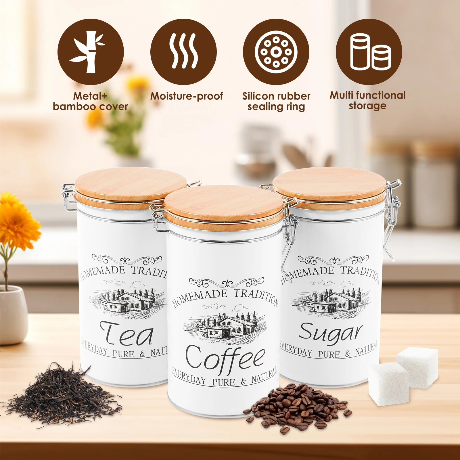 3個セット 茶葉・コーヒー・砂糖用キャニスター 金属製コーヒ - Coffee Tea And Sugar Canister Set のレビューと価格