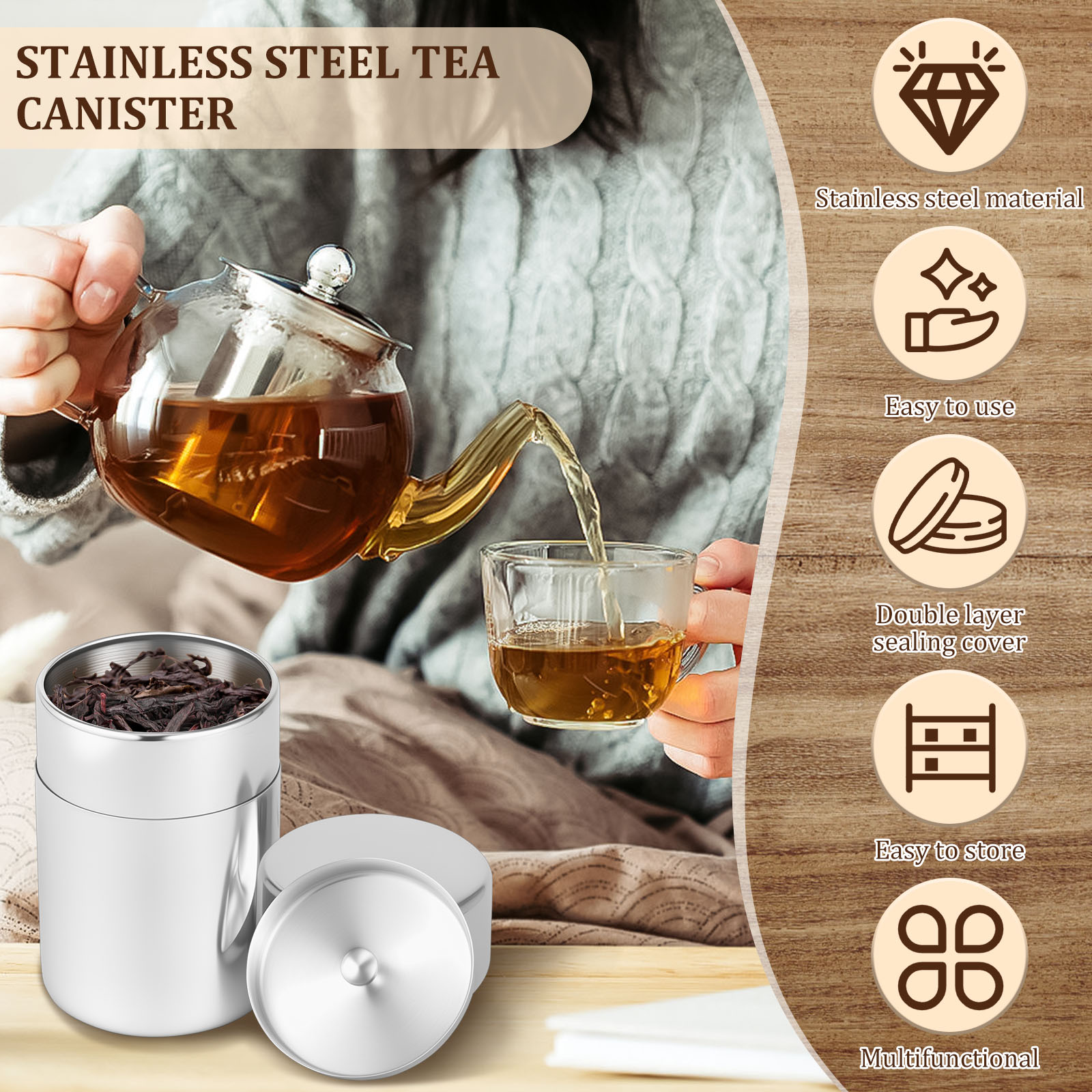 ステンレス鋼茶葉缶キャニスター肥厚ダブルシールコーヒー豆砂糖 - Coffee Tea Sugar のレビューと価格