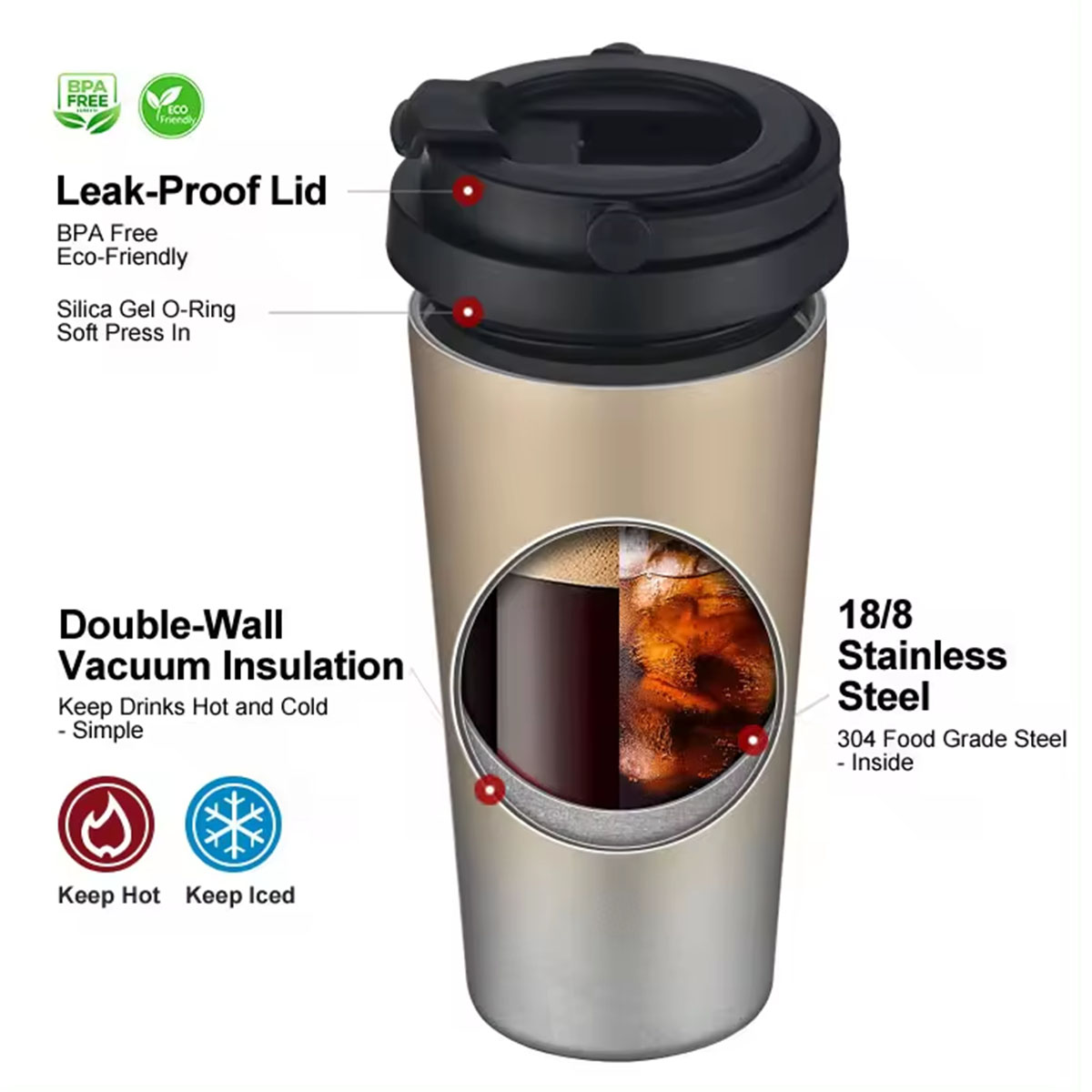 保温保冷トラベルコーヒーマグ 16オンス ステンレス鋼製タン - Double Wall Mug のレビューと価格